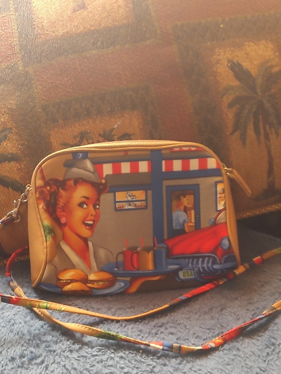 Handbags - Retro Diner Print Women's Crossbody Bag - Beige/Tan